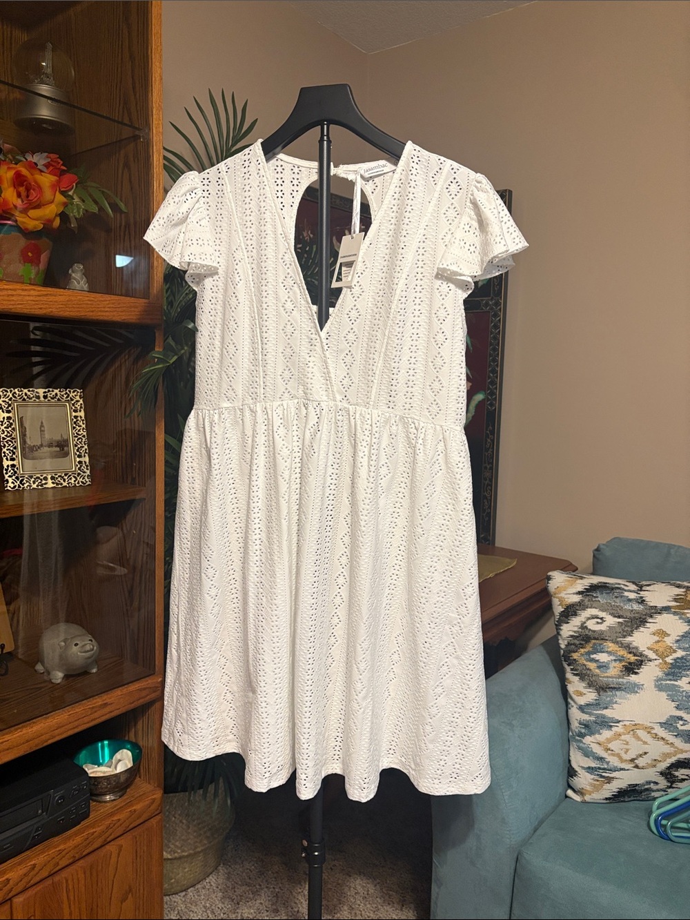 White Eyelet V-Neck Mini Dress with Flutter Sleeves
